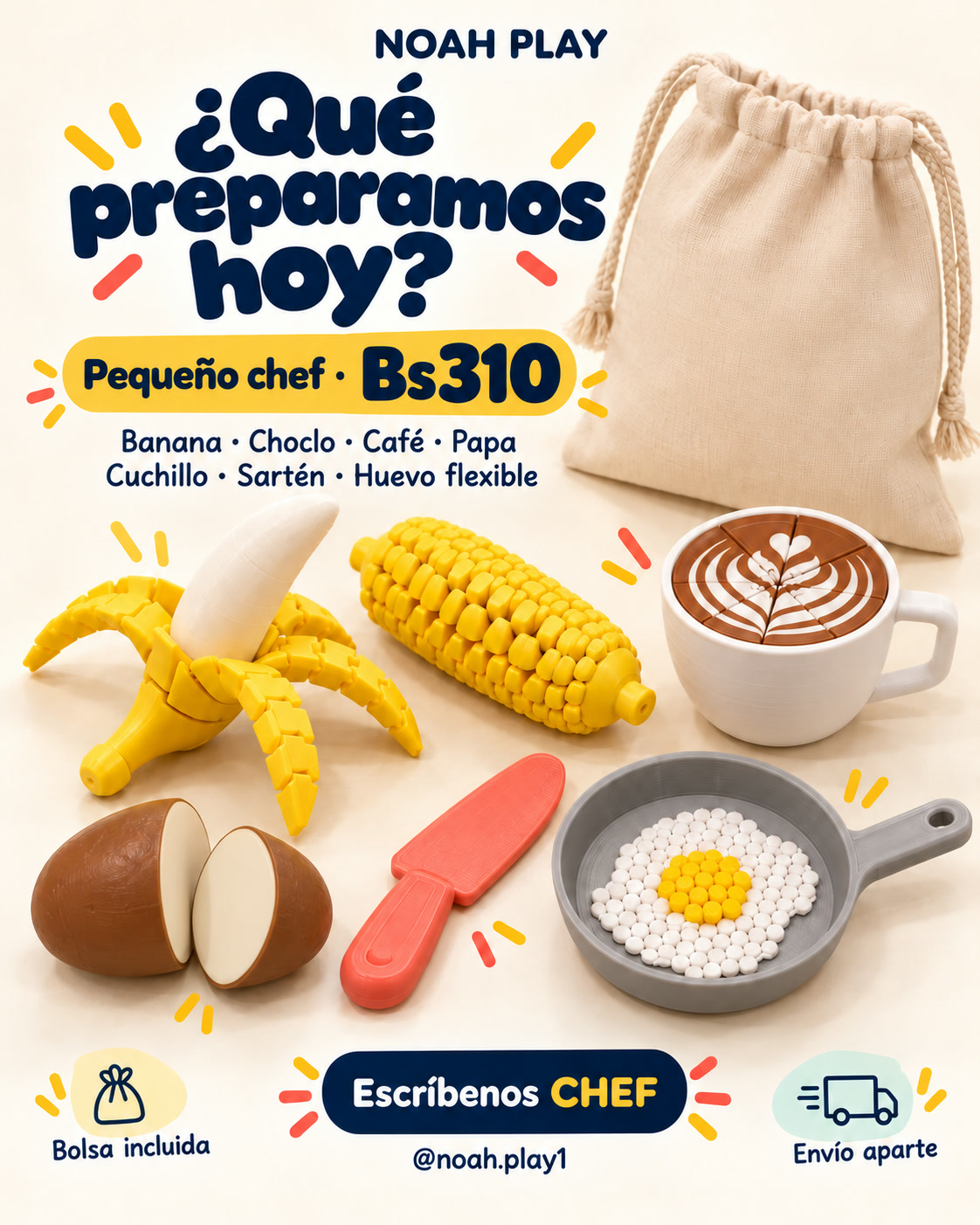 Set Pequeño chef: banana, choclo, café de juguete, papa magnética, cuchillo de juguete, sartén, huevo flexible y bolsa. Bs310.